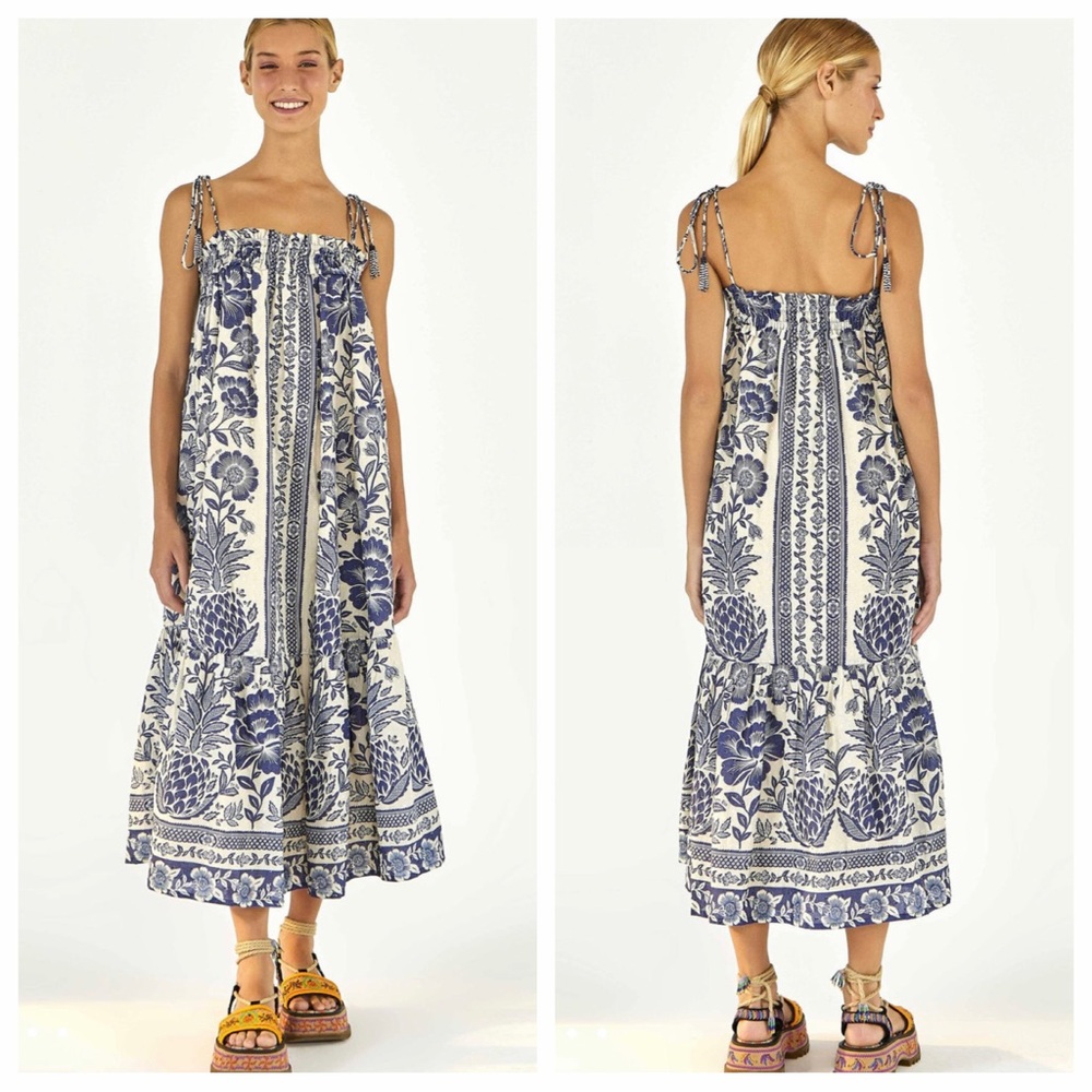 NWT Farm Rio Blue Pineapple Garden Shoulder-Tie Midi Dress | XL